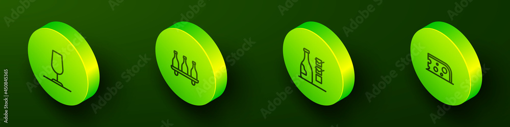 Set Isometric line Wine glass, Bottle of wine, and Cheese icon. Vector Set Isometric line Wine glass, Bottle of wine, and Cheese icon. Vector