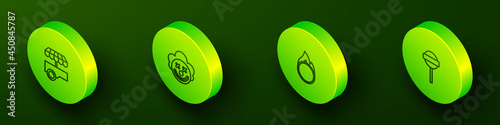Set Isometric line Fast street food cart, Clown head, Circus fire hoop and Lollipop icon. Vector