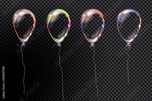 Set of realistic air helium balloons with ribbon. Colorful transparent collection of festive ballons isolated in air. Party decorations for birthday, anniversary, celebration. 3d vector illustration