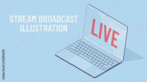 Vector 3d laptop on a blue background. Notebook with mirrored screen keyboard. Stream broadcast isometric vector illustration. Red symbol LIVE.