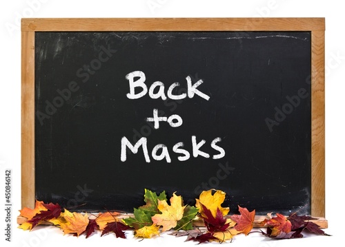 Back to Masks written in white chalk on a black chalkboard isolated on white