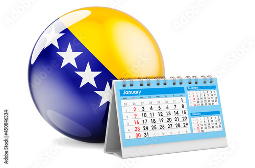 Desk calendar with Bosnian flag. 3D rendering photo