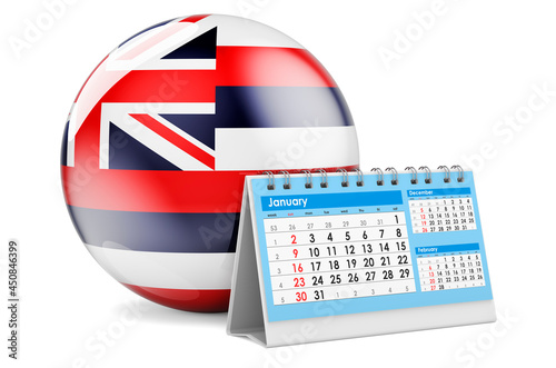 Desk calendar with Hawaiian flag. 3D rendering