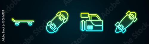 Set line Skateboard, , Cinema camera and Longboard or skateboard. Glowing neon icon. Vector