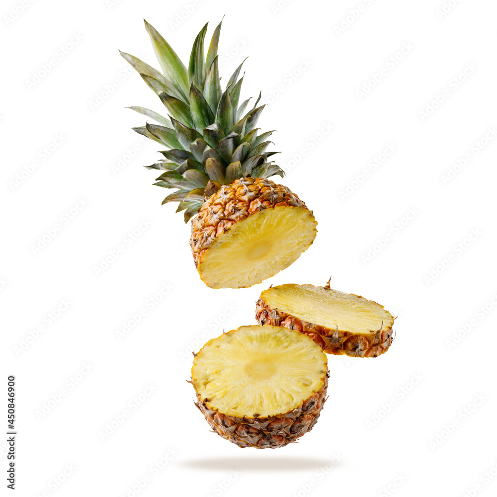 Fresh juicy tropical fruit pineapple flying isolated on white background. Sliced ananas pineapple falling. Fresh juicy tropical fruit pineapple flying isolated on white background. Sliced ananas pineapple falling.