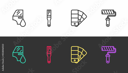 Set line Car painting, Paint brush, Color palette guide and roller on black and white. Vector