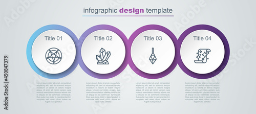 Set line Pentagram in a circle, Magic stone, and scroll. Business infographic template. Vector