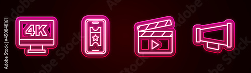 Set line Screen tv with 4k, Buy cinema ticket online, Movie clapper and Megaphone. Glowing neon icon. Vector