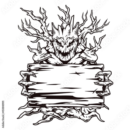 Scary monster tree holding blank wooden plank