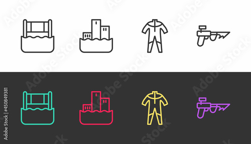 Set line Water volleyball net, Winner podium, Wetsuit for scuba diving and Fishing harpoon on black and white. Vector