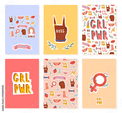 Girl power card with feminist womens symbol on birthday postcard with lettering in trendy hand drawn style. International women's day poster. Vector stock illustration