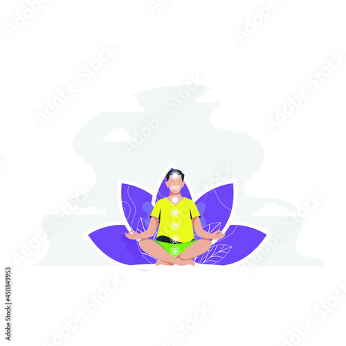 man doing yoga lotus position with seven chakra vector illustration, meditation.