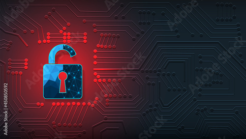 Cyber attack technology concept.Padlock open on digital electric circuit background. Cyber attack and Information leak concept.Vector illustration.EPS 10.