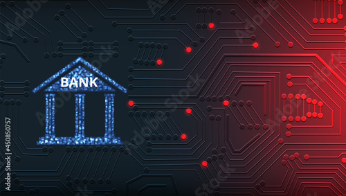 Electronic crime concept.Visualization of security of bank system was destroyed With Bank building on electric circuit dark blue and red background.