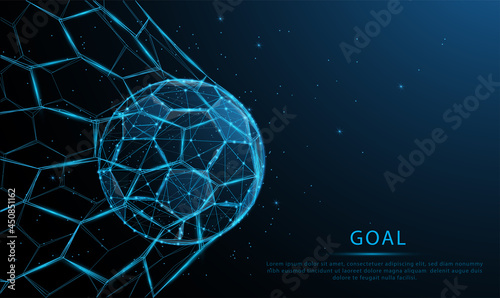 glowing blue Soccer ball in the goal. Low polygon, particle, and triangle style design.Wireframe light connection structure.Goal setting concept