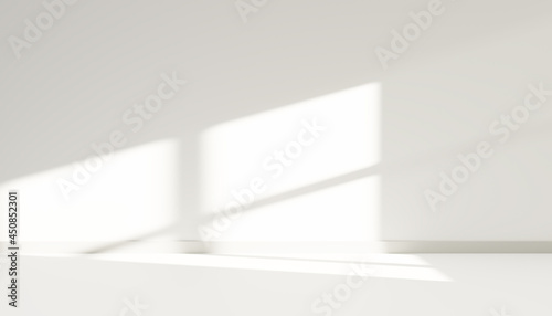 Podium or empty pedestal concept. Empty room with light shining through small window. Blank product shelf standing backdrop. Minimal style. 3D rendering.
