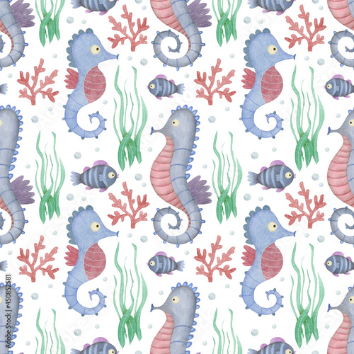 Cute watercolor seamless pattern  cartoon underwater ocean  sea animals on a white background  seahourse.
