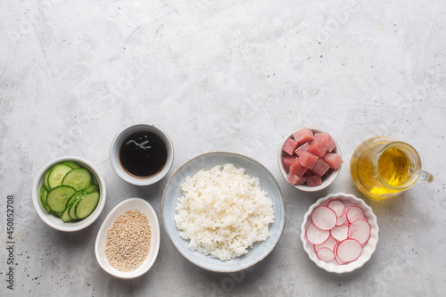 Traditional Hawaiian Poke Bowl prepared with Tuna Fish photo