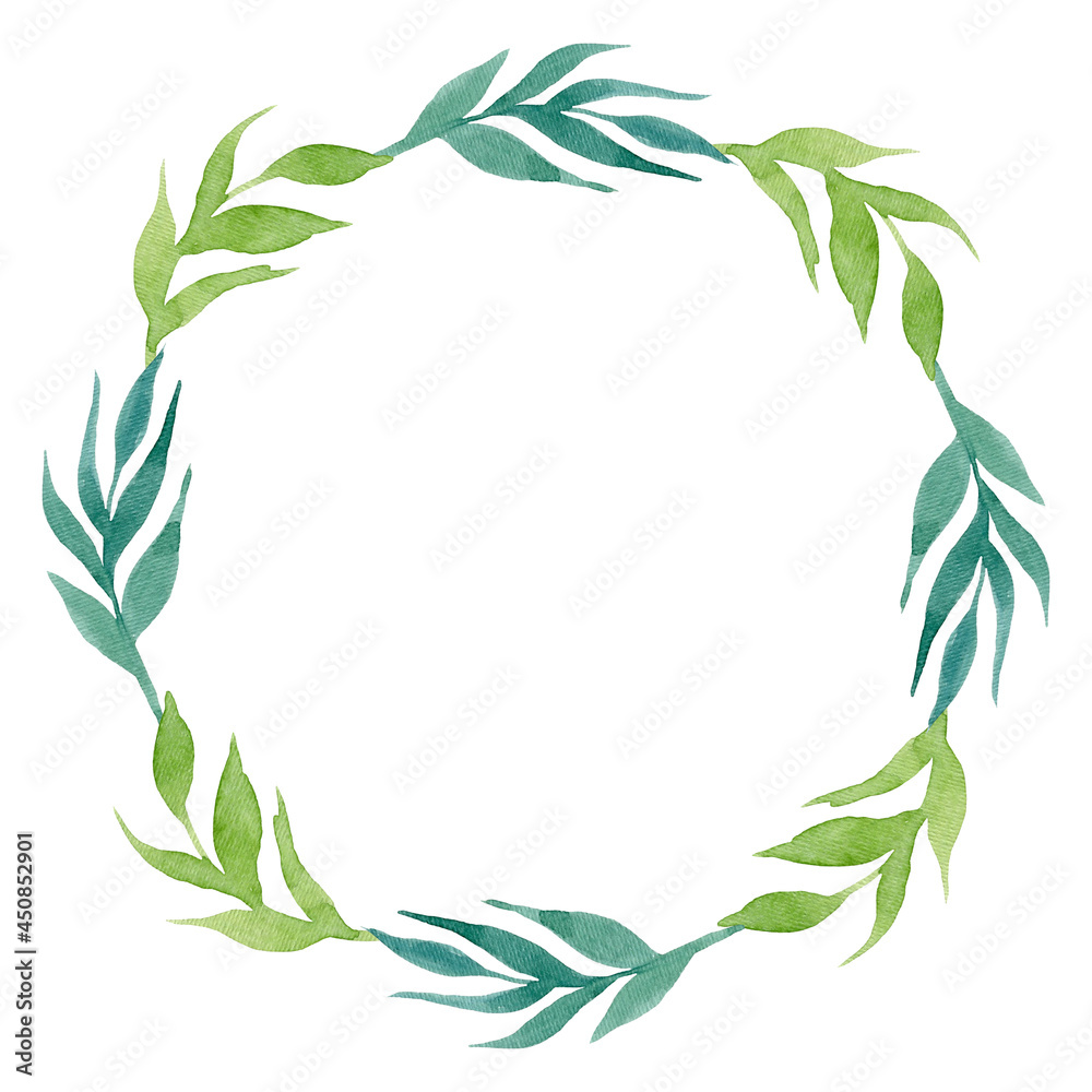 Watercolor seaweed wreath isolated on white background.
