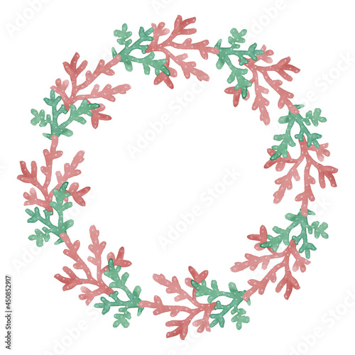 Watercolor seaweed wreath isolated on white background.