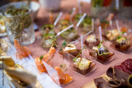 Food catering appetizers snacks on a tray on table.