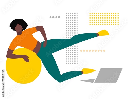 Young woman training on fitball at home online. Fitness trainer uses laptop for online workout. The concept of a healthy lifestyle. Flat design isolated on white background.