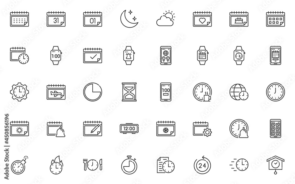set of time and calendar icons, schedule, clock, date, alarm set of time and calendar icons, schedule, clock, date, alarm