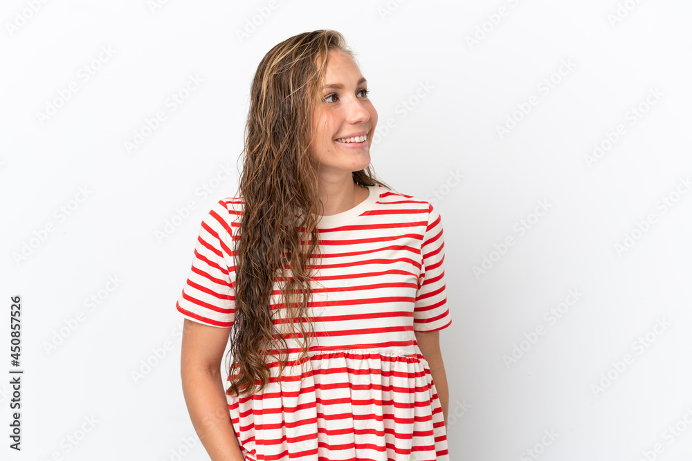 Young caucasian woman isolated on white background thinking an idea while looking up Young caucasian woman isolated on white background thinking an idea while looking up