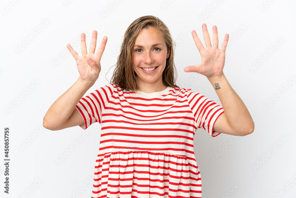 Young caucasian woman isolated on white background counting nine with fingers