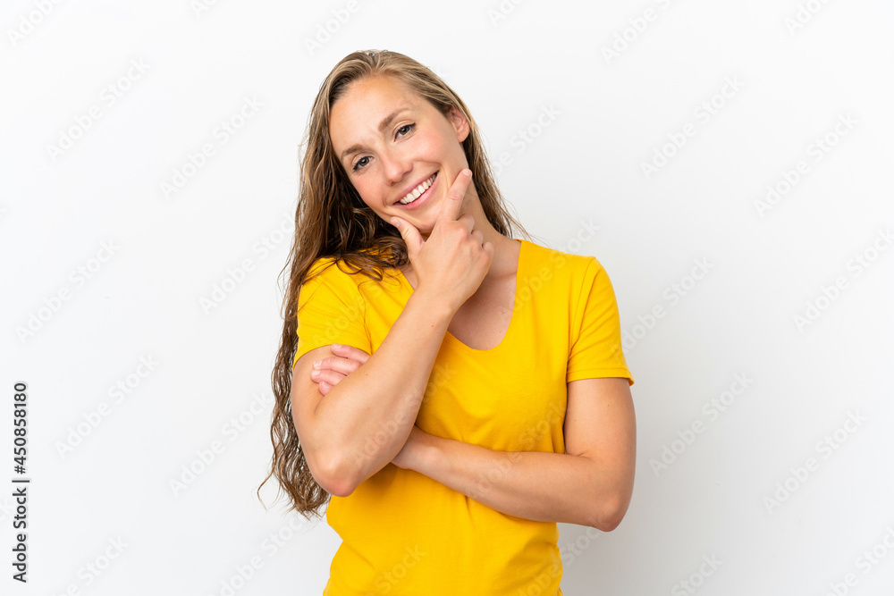 Young caucasian woman isolated on white background happy and smiling Young caucasian woman isolated on white background happy and smiling