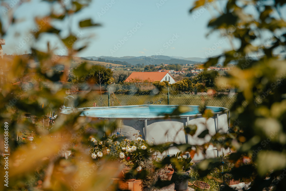 View among the vegetation of a garden with an artificial swimming pool. In the distance you can see houses and mountains. View among the vegetation of a garden with an artificial swimming pool. In the distance you can see houses and mountains.