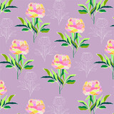 Seamless pattern of peony flowers with elements and a white outline of a peony on a purple background. Design of fabrics, prints, wallpapers, packaging, textiles, printing, posters.