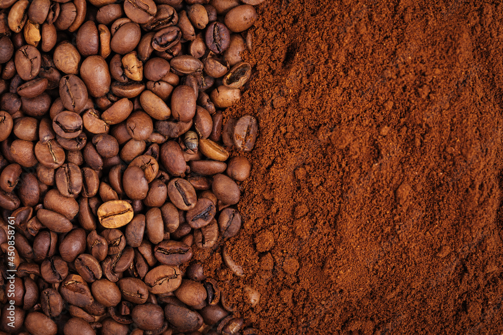 Coffee beans and ground coffee from above Coffee beans and ground coffee from above