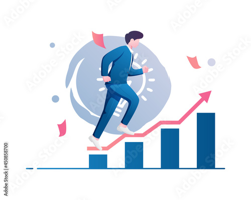 Flat illustration vector graphic of young man hurry up consisting of finance graph. Isolated concept male employee character person on career growth with arrow.