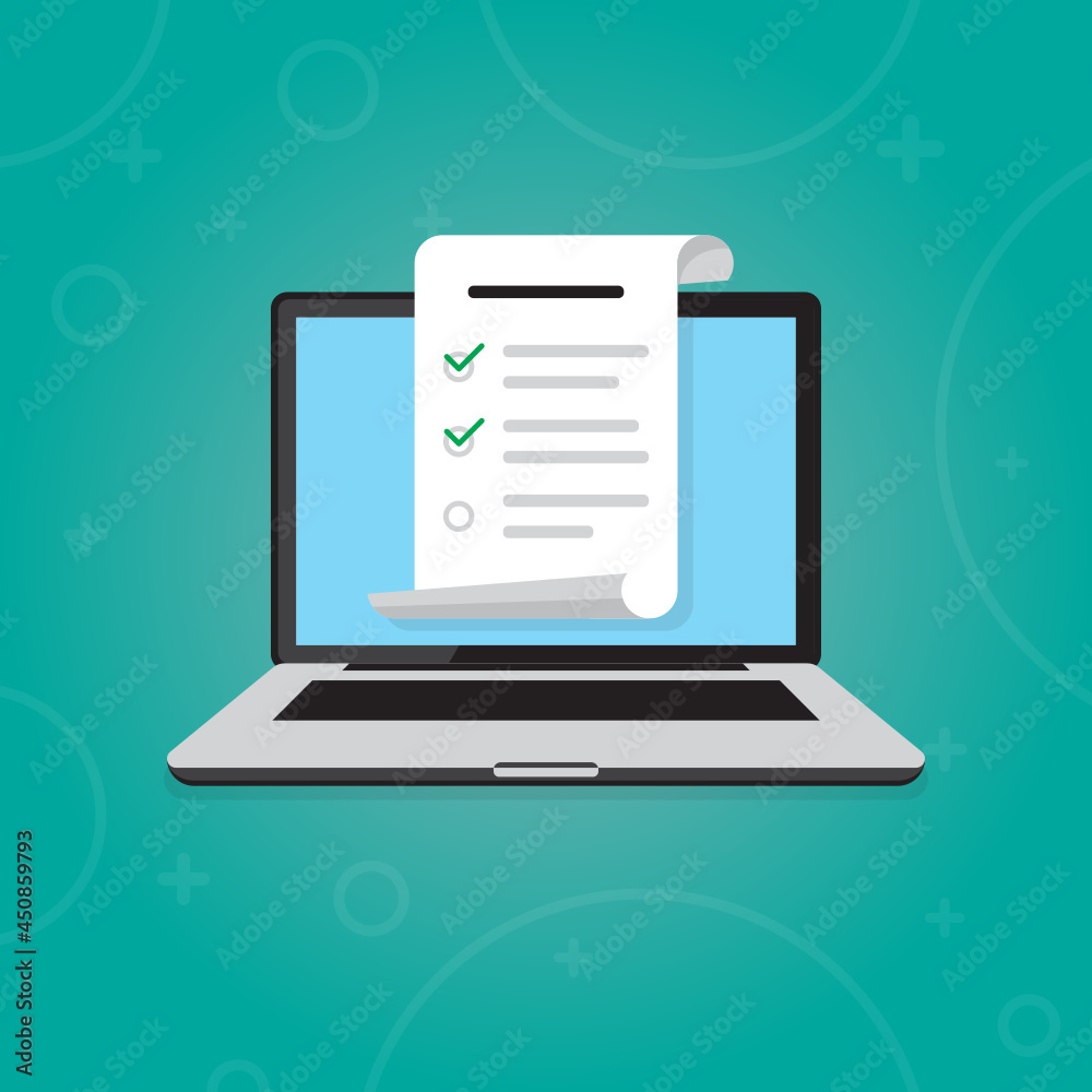 Laptop flat design vector illustration. Portable computer PC screen with to-do list document template, mark checkbox, online voting or completed questionnaire. Polls on Internet. User agreement. Laptop flat design vector illustration. Portable computer PC screen with to-do list document template, mark checkbox, online voting or completed questionnaire. Polls on Internet. User agreement.