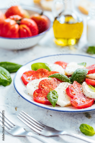 Mozzarella and tomato salad with basil, olive oil and ciabatta bread