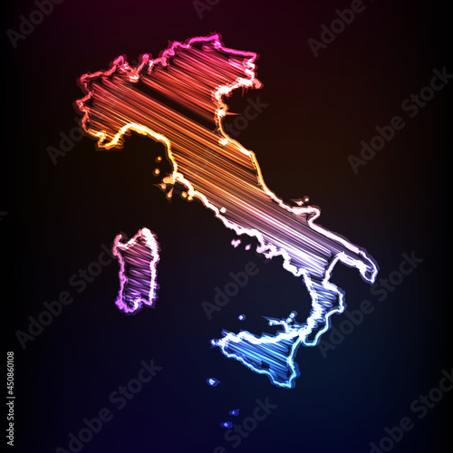 Map of Italy, Colored pencil and sketch lights design. Hand drawn scribble map on dark background. Vector illustration eps10.