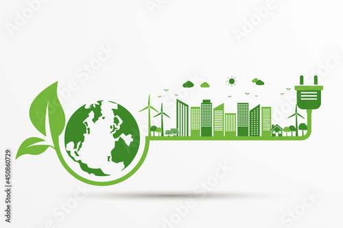power plug green ecology city with earth icon. Energy ideas save the world concept. sustainable and environmental friendly. isolated on white background. vector illustration in flat style design.