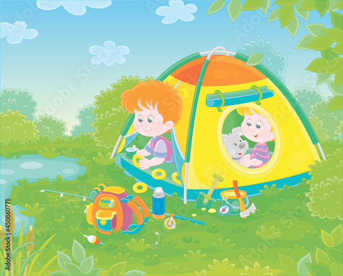 Cheerful little kids tourists with a merry pup resting in their colorful camp tent by a pretty small lake in countryside on summer vacation  vector cartoon illustration