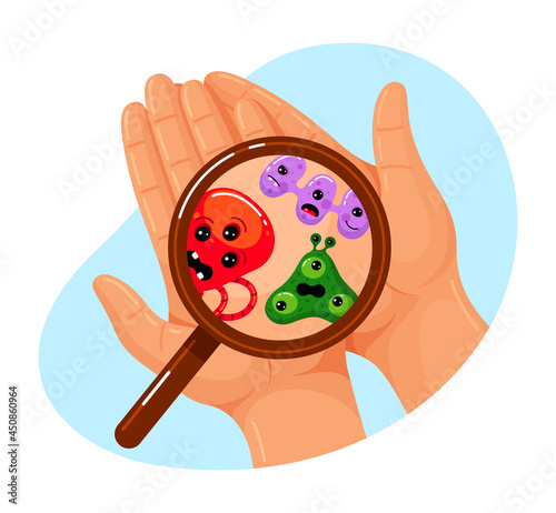 Dirty human hands with bacteria under magnifying glass vector flat illustration