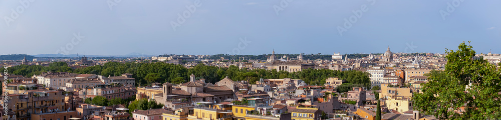 Panorama of Rome seen from the Janiculum Hill in August 2021. Beautiful Rome skyline in summer.