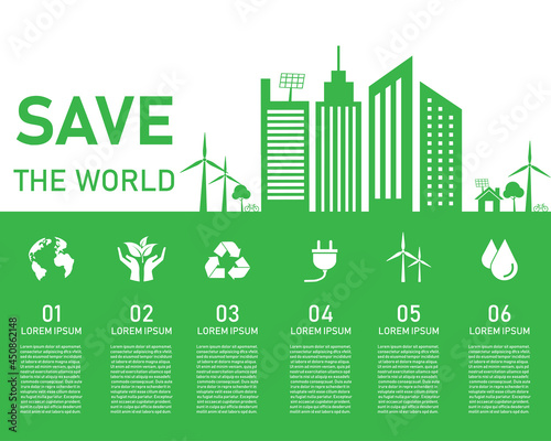 Save the world eco tree concept. green city on white background. Ecology infographic 6 element. vector illustration flat design. World environment and sustainable development.Used for workflow layout.