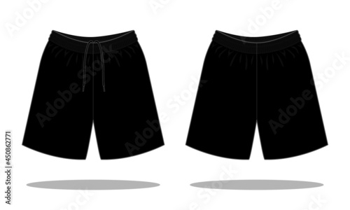 Blank Black Soccer Short Pants Template on White Background. Front and Back View, Vector File.