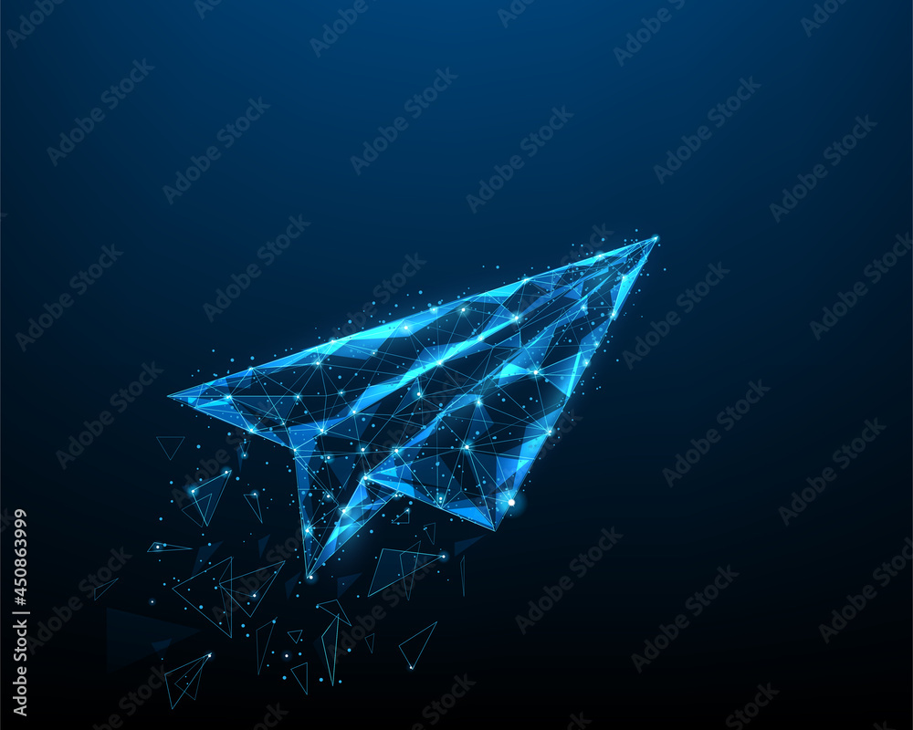 paper plane low poly wireframe point and mesh. business success concept. isolated on dark blue background. vector illustration in flat style modern design.
