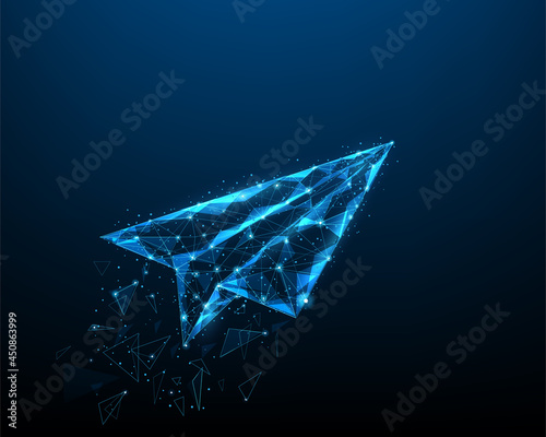 paper plane low poly wireframe point and mesh. business success concept. isolated on dark blue background. vector illustration in flat style modern design.