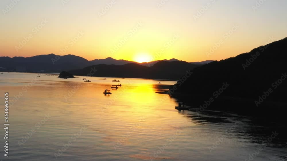 徳島県堀越橋からの夕日のドローン映像