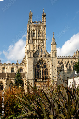 Gloucester Cathedral viewed from the front façade showing the spire.