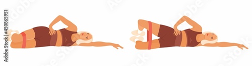 Young adult woman with Resistance band at home workout. Women doing the Side Lying Clam Exercise for the Hip. Step-by-Step Vector Instructions how to do the Kegel exercise or Yoga.