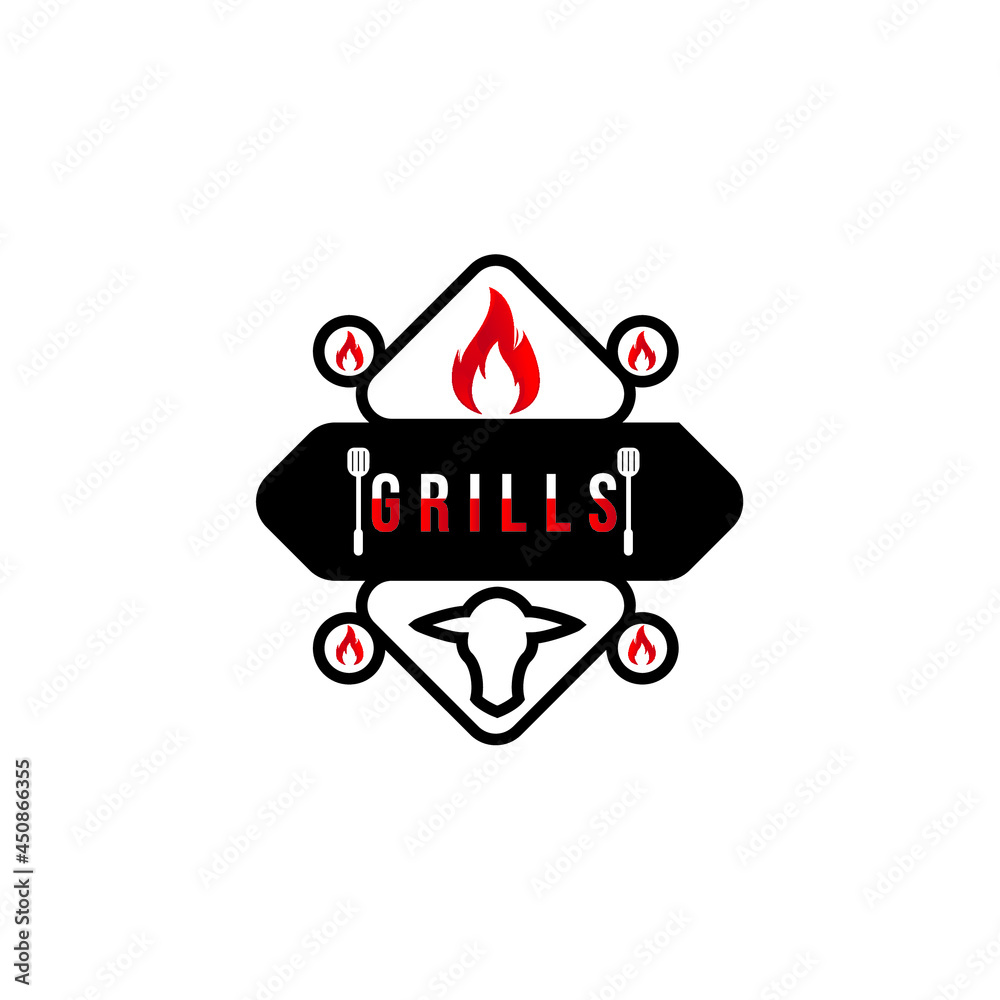 bbq, barbeque vintage logo. with a flaming fire design, and crossed spoons