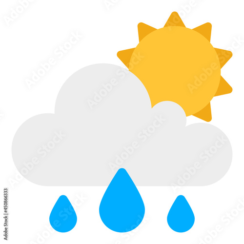 Sun with cloud and raindrops, icon of sunny rainy day